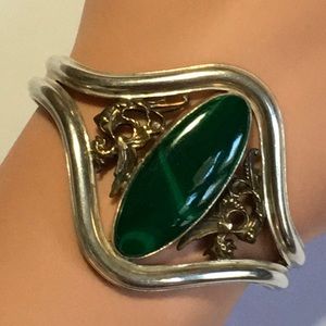 Vintage ETRCO Sterling Silver Malachite Brass Cuff